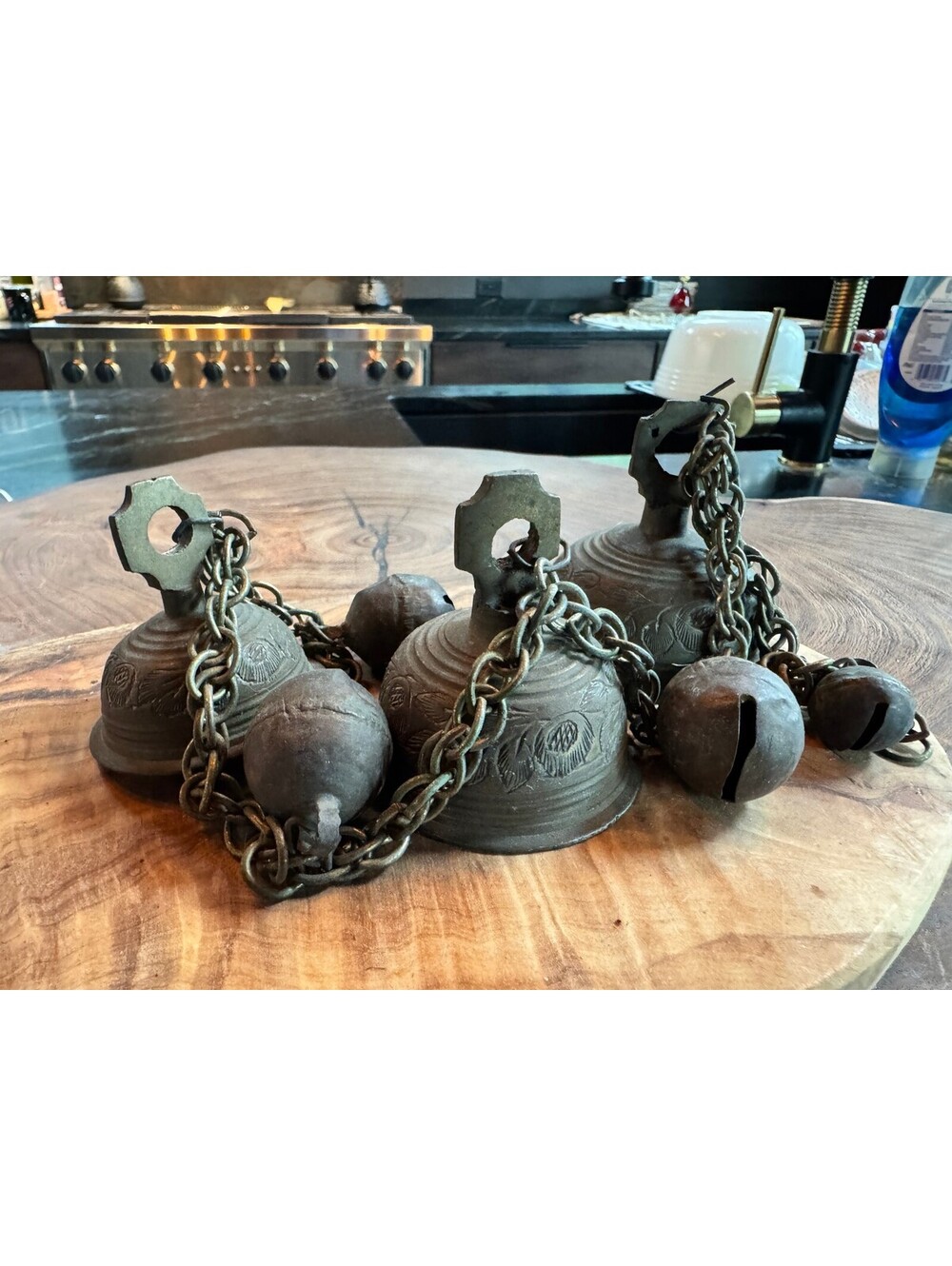 Vintage Indian Brass Temple Prayer Bells - Set of 3 Chimes with Crotal Bells
